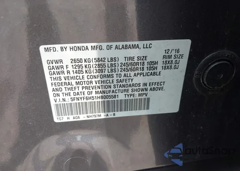 2017 Honda Pilot Ex-L from USA, damaged, VIN 5FNYF6H51HB005581